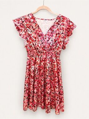 Floral V-Neck Smocked Waist Mini Dress - Pink Red Print